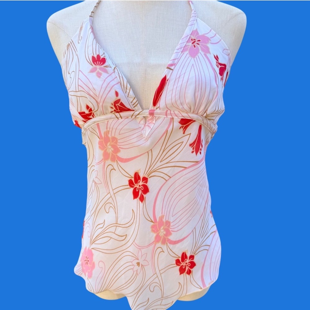 Wet Seal Y2K Floral Halter Top Handkerchief Hem Pink Red Cream Small WT13373